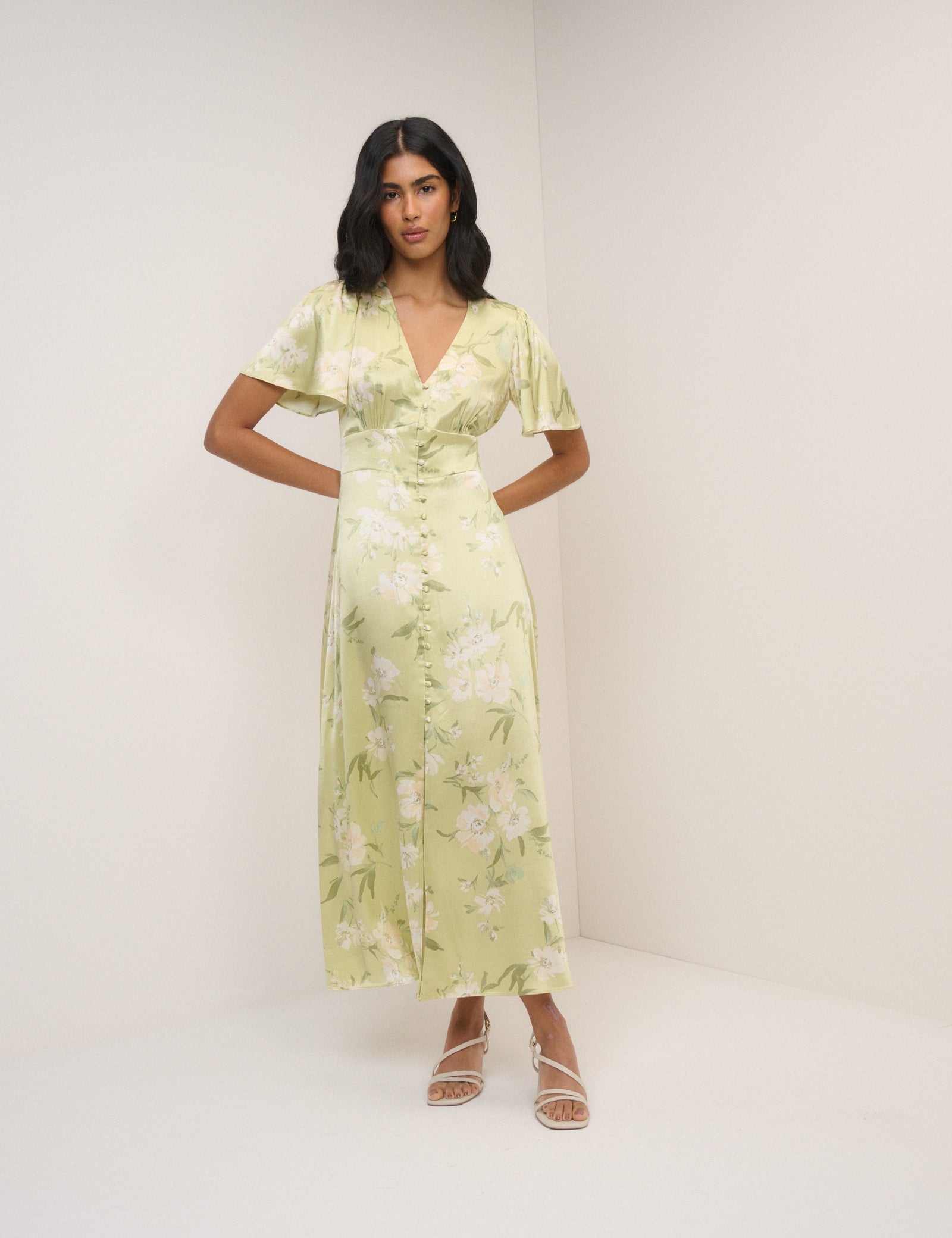 Sage Green Floral Satin Erin Maxi Dress