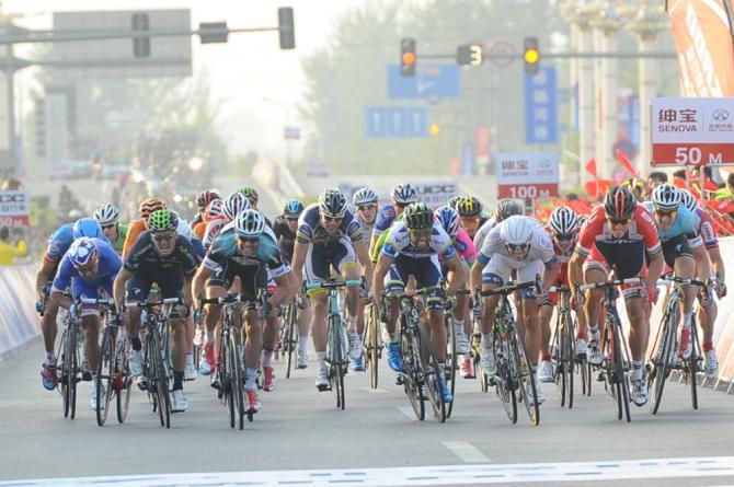 The field sprint finale to stage 1 at the Tour of Beijing