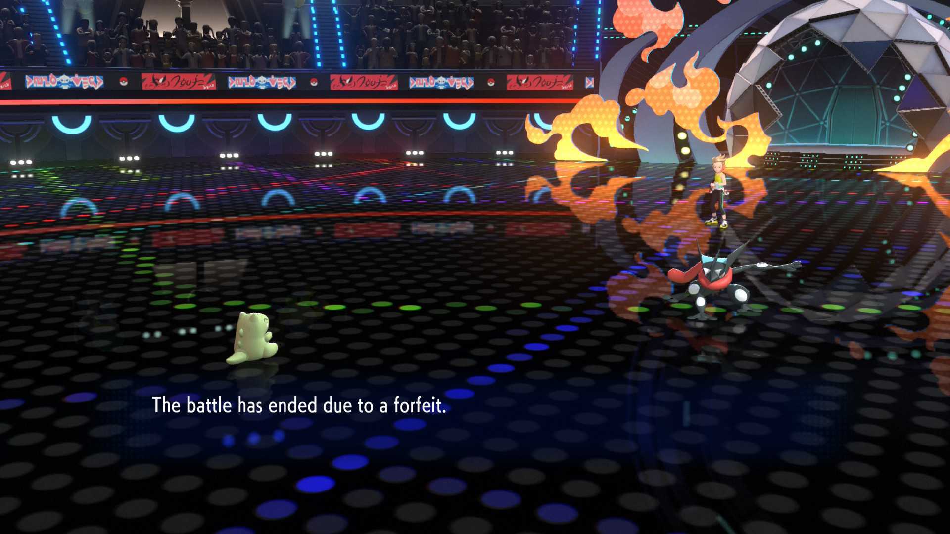 Pokemon Champions screenshot reads: "The battle has ended due to a forfeit."