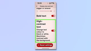 Screenshot showing how to turn on high contrast text on an Android phone