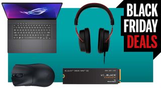 Asus gaming laptop, HyperX Cloud Alpha gaming headset, Razer gaming mouse, and WD Black SSD on a teal gradient