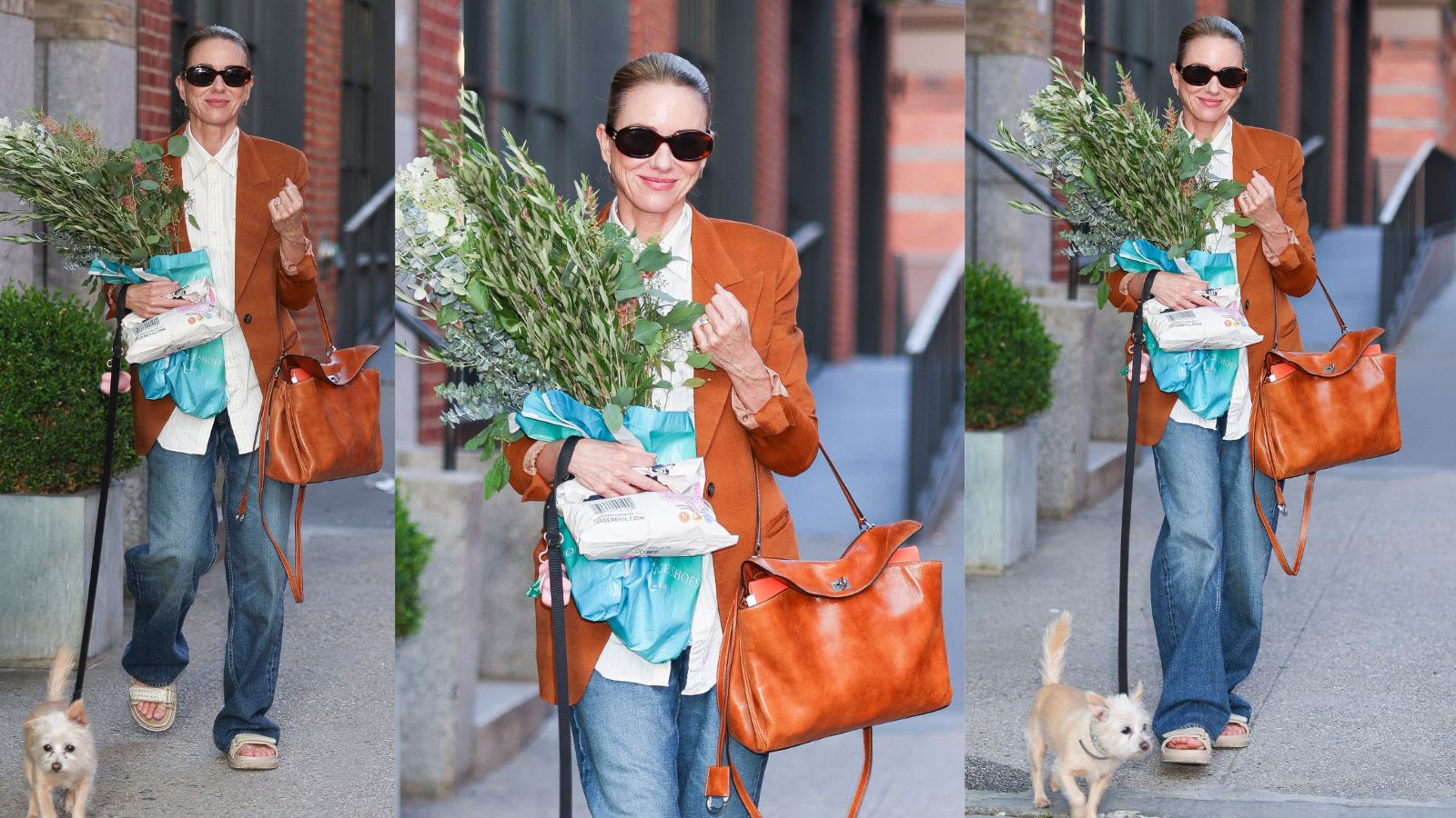 Naomi Watts in jeans, white shirt, tan jacket, walking a dog