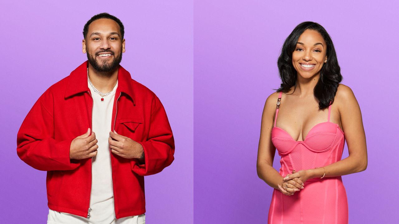 a split image of love is blind season 8 stars devin wearing a red jacket and virginia wearing a pink dress 