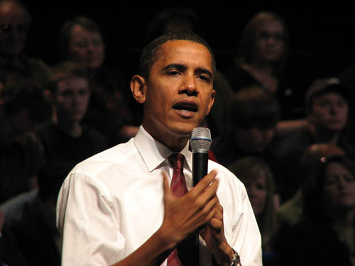 Barack Obama steps up to the mic.