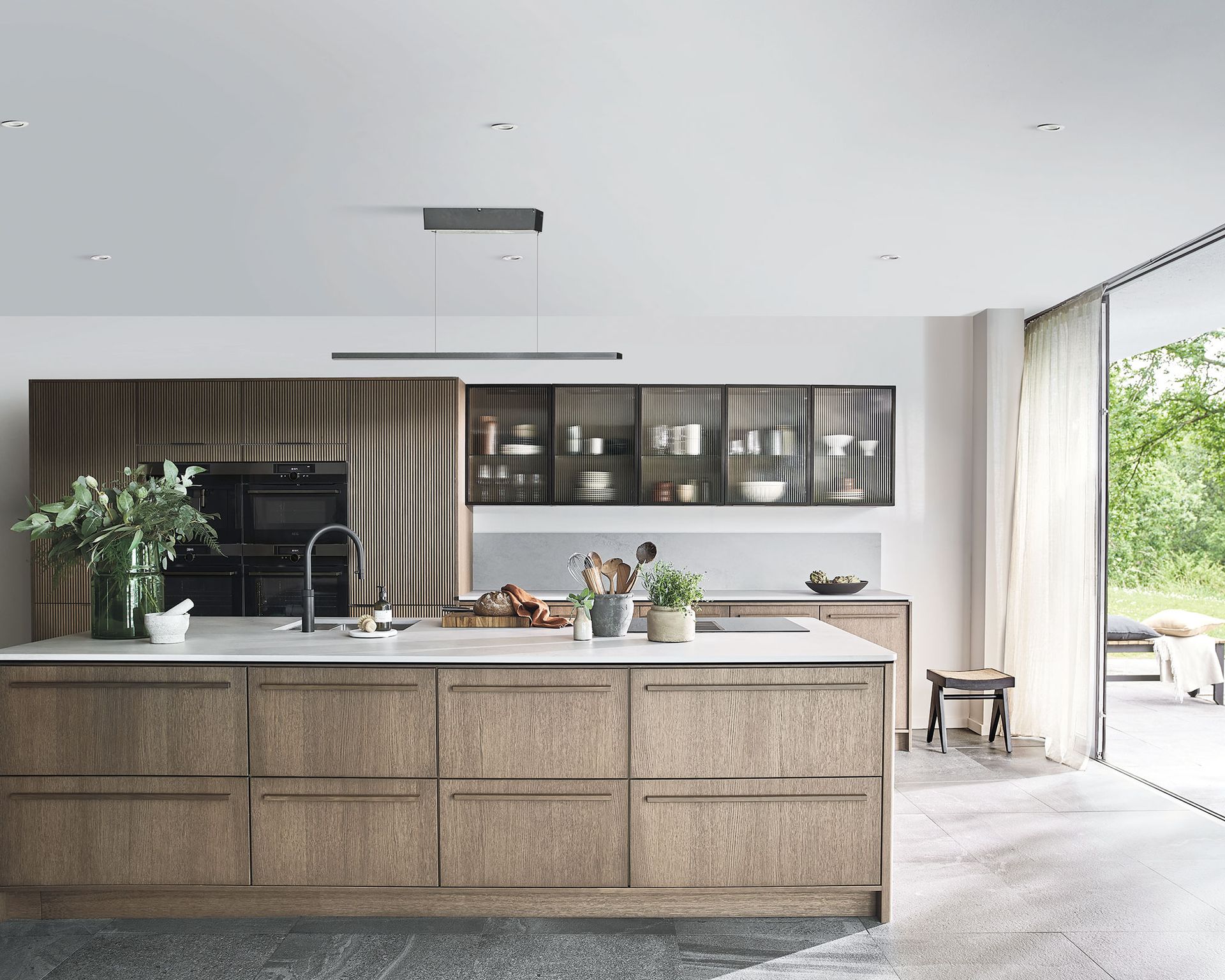 Oak cabinet kitchen ideas with island and marble countertop