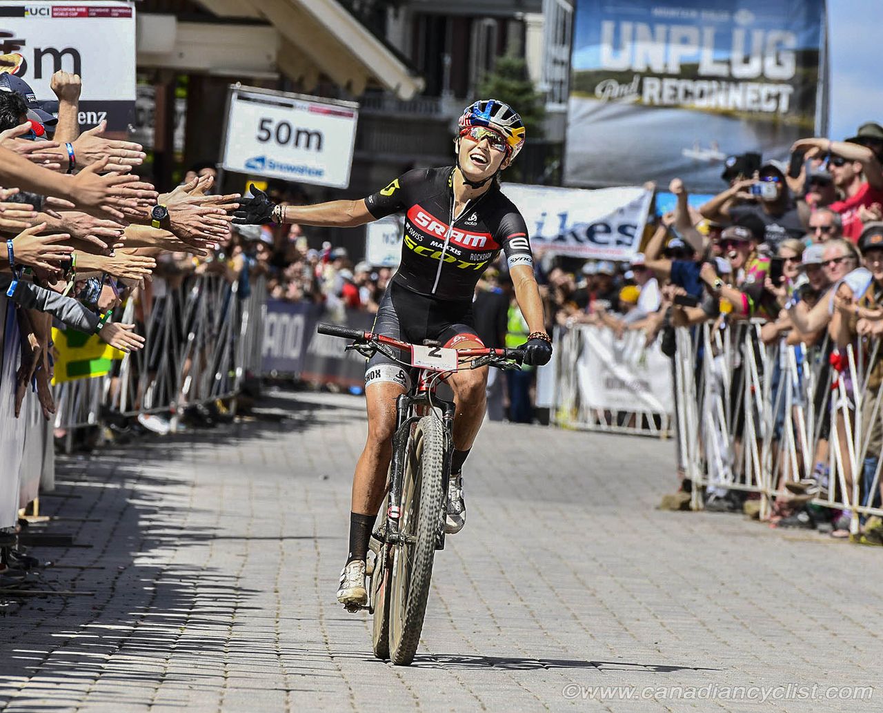Kate Courtney (USA) Scott-SRAM MTB Racing finishing 5th and winning the World Cup overall