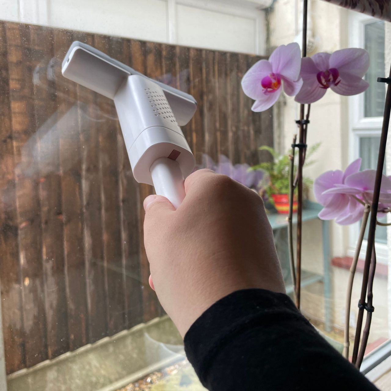 Using a mini mop to clean windows next to a pink orchid