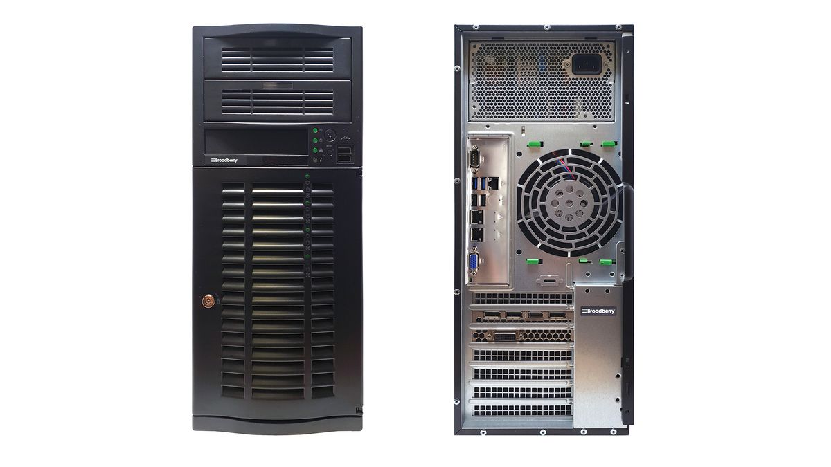 The front and rear of the Broadberry CyberServe Xeon SP1-P04S tower server