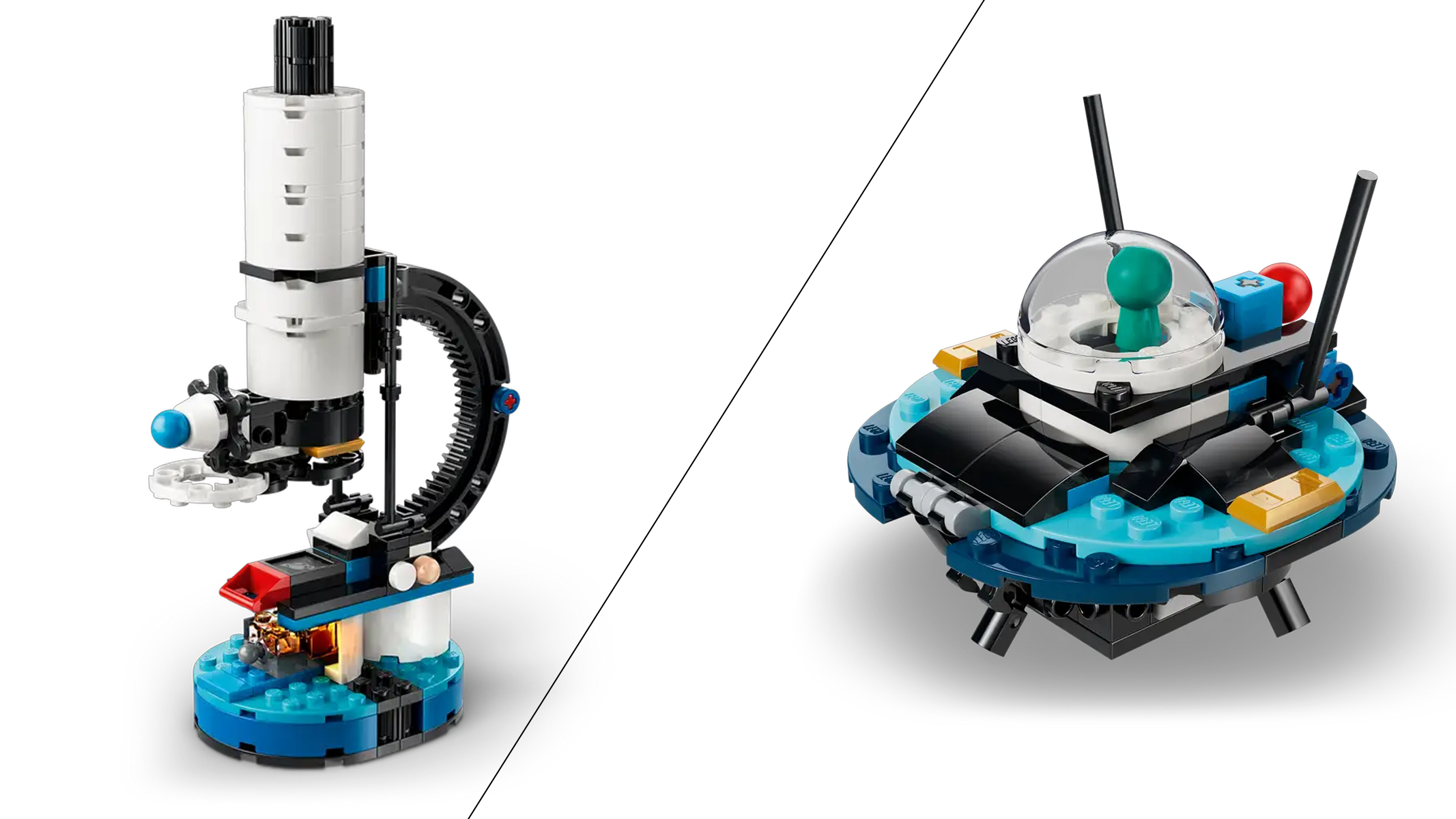 The alternative builds of Lego Creator 3-in-1 Space Exploration Telescope - a microscope and a UFO.