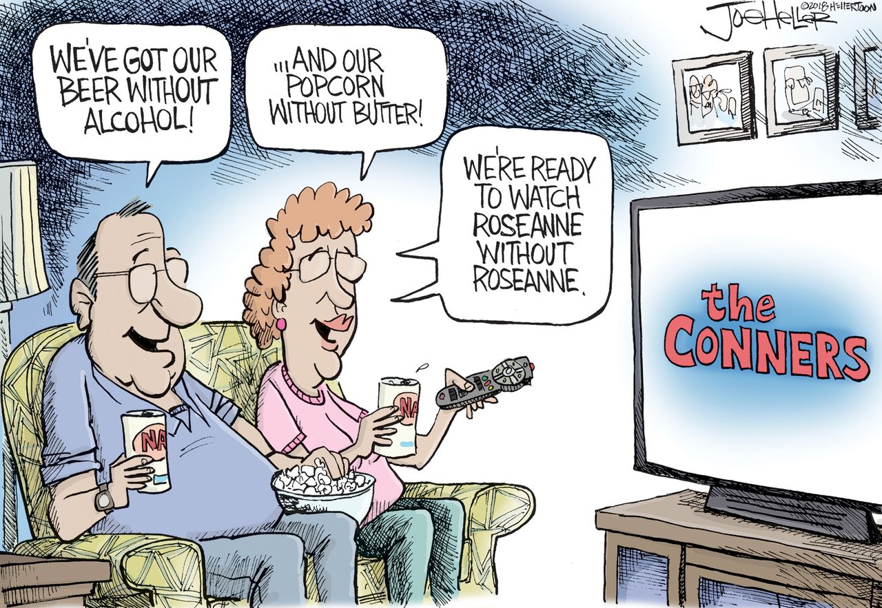 Editorial cartoon U.S. Roseanne spinoff The Conners beer popcorn