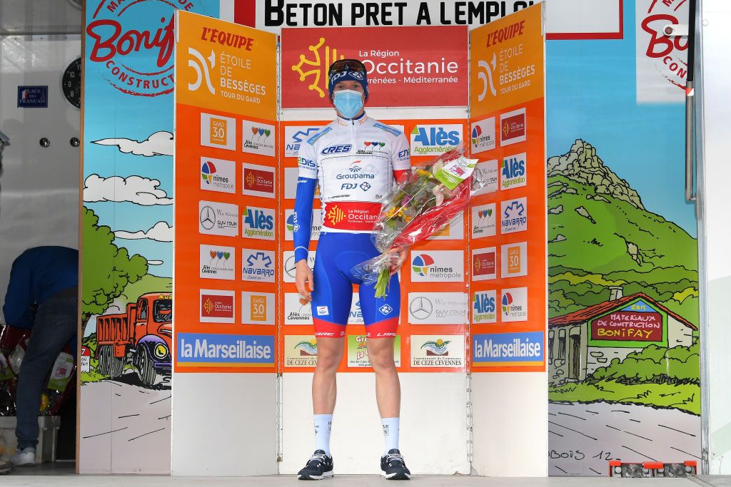 BESSGES FRANCE FEBRUARY 05 Podium Jake Stewart of United Kingdom and Team Groupama FDJ White Best Young Rider Jersey celebrates during the 51st toile de Bessges Tour du Gard 2021 Stage 3 a 1548km stage from Bessges to Bessges Trophy Mask Covid Safety Measures EDB2020 on February 05 2021 in Bessges France Photo by Luc ClaessenGetty Images
