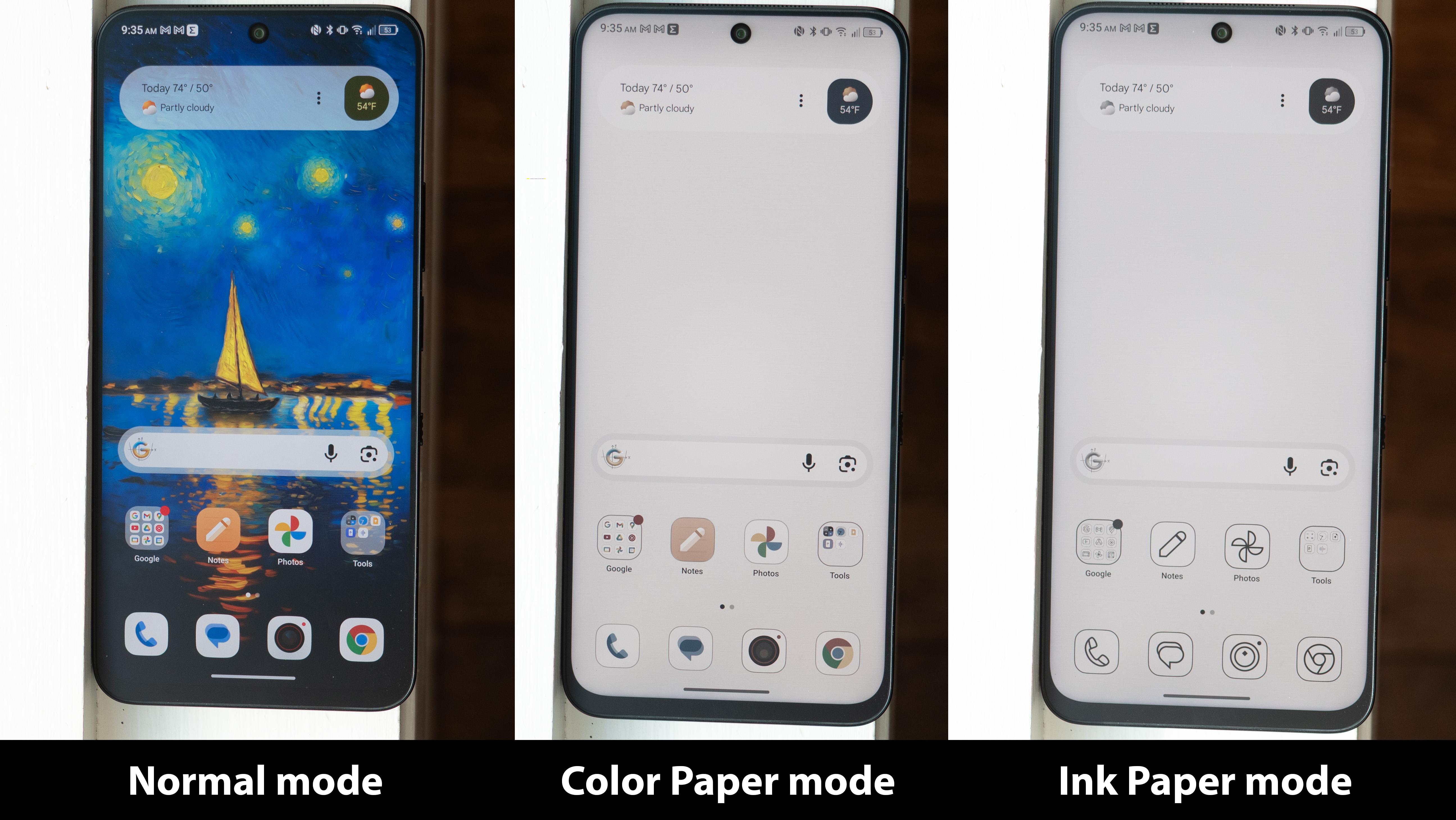 Comparing the normal, color paper, and ink paper display modes on the TCL NXTPAPER 60 Ultra