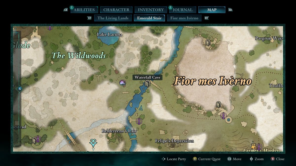 Avowed - On the Emerald Stair map, a door symbol labeled "Waterfall Cave" just slightly west of Fior mes Iverno