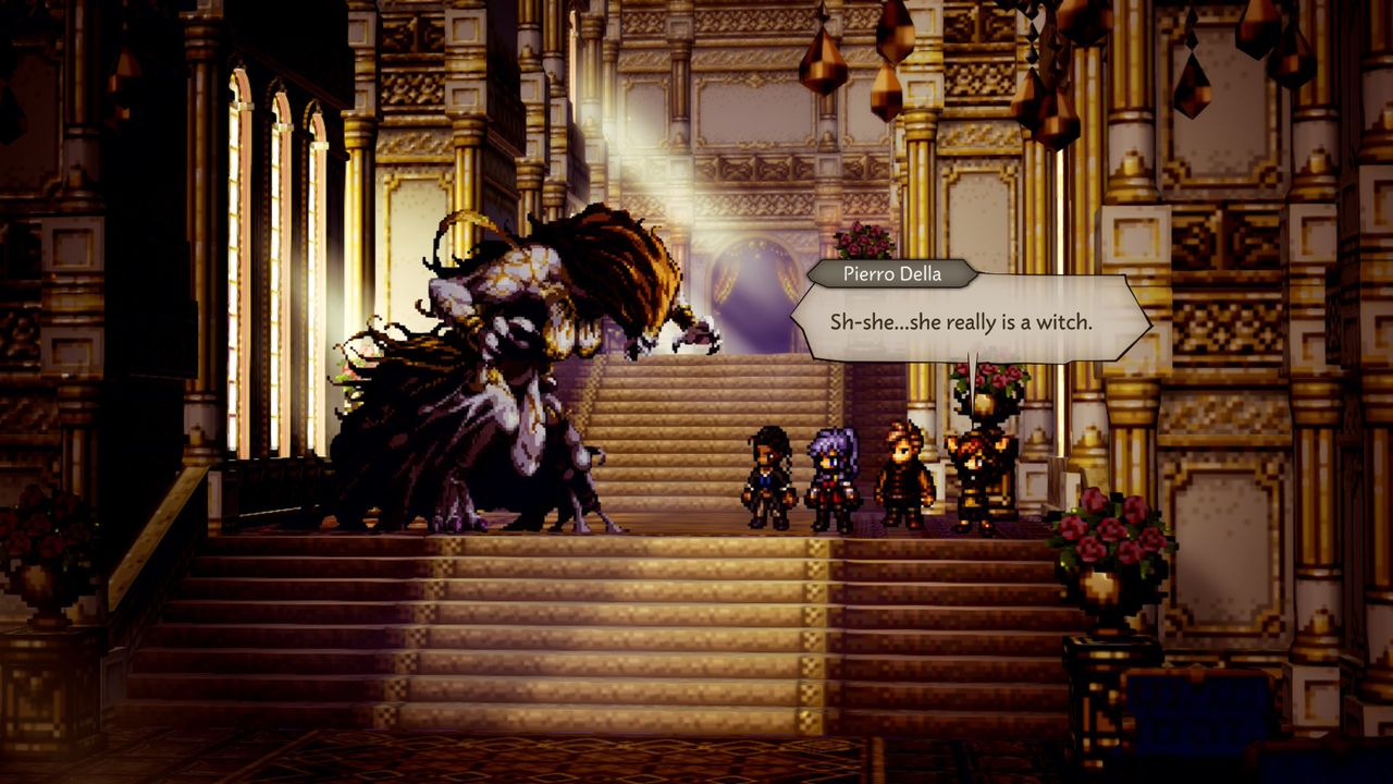 Octopath Traveller 0 fighting a monsterous witch