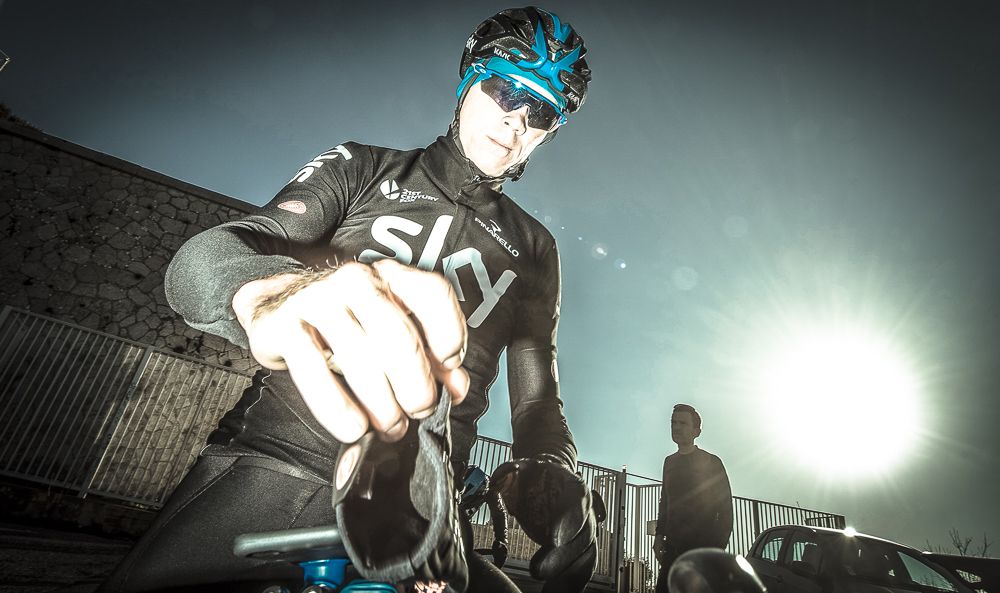 Chris Froome takes a break with the sun shining
