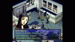 The protagonist of Persona 2: Eternal Punishment, May Amano, stands within a newspaper's building. The text introduces her as "Editor of Kismet Publishing's teen magazine, Coolest. The game's main character."