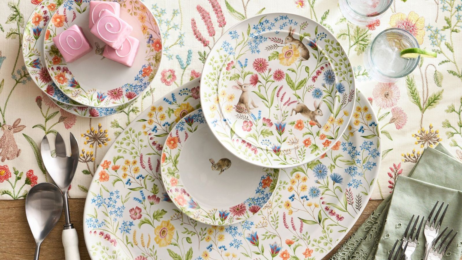 Aerial view of white, pink and blue floral tablescape 