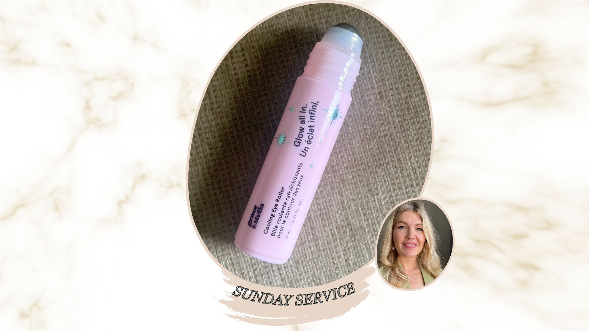 a pink rollerball of grace and stella eye cream on a green backdrop next to an image of beauty editor Fiona McKim smiling
