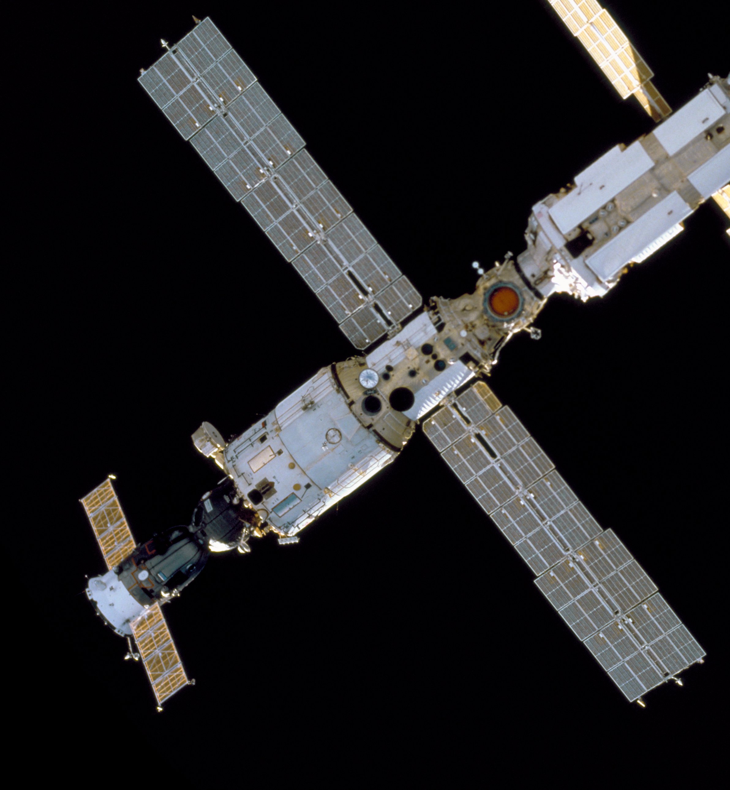 The Zvezda module, at the far bottom left in this photo, is one of six Russian segments of the ISS and houses the engines used to keep the station in orbit.