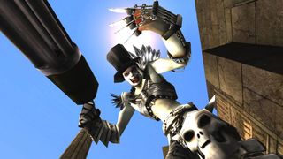 A Unreal Tournament 2004 player wearing wearing clown makeup and a top-hat celebrates after winning a match.