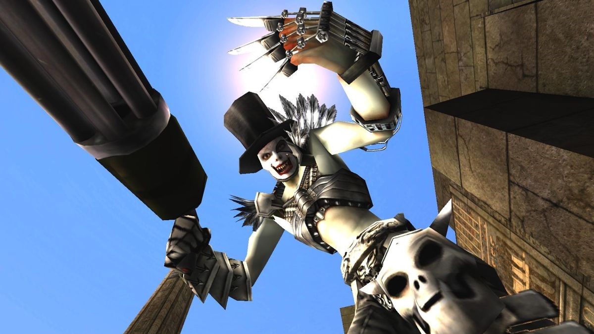 A Unreal Tournament 2004 player wearing wearing clown makeup and a top-hat celebrates after winning a match.