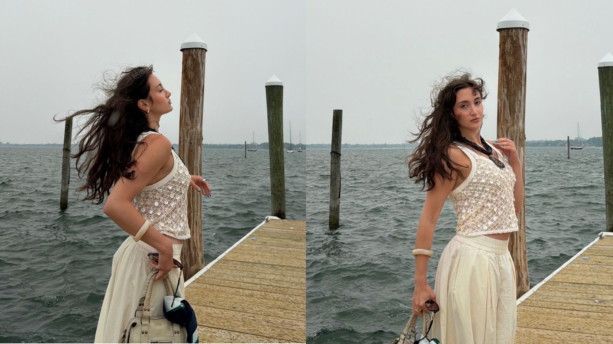 An image of Who What Wear associate beauty editor Alyssa Brascia with wavy hair blowing in the wind.
