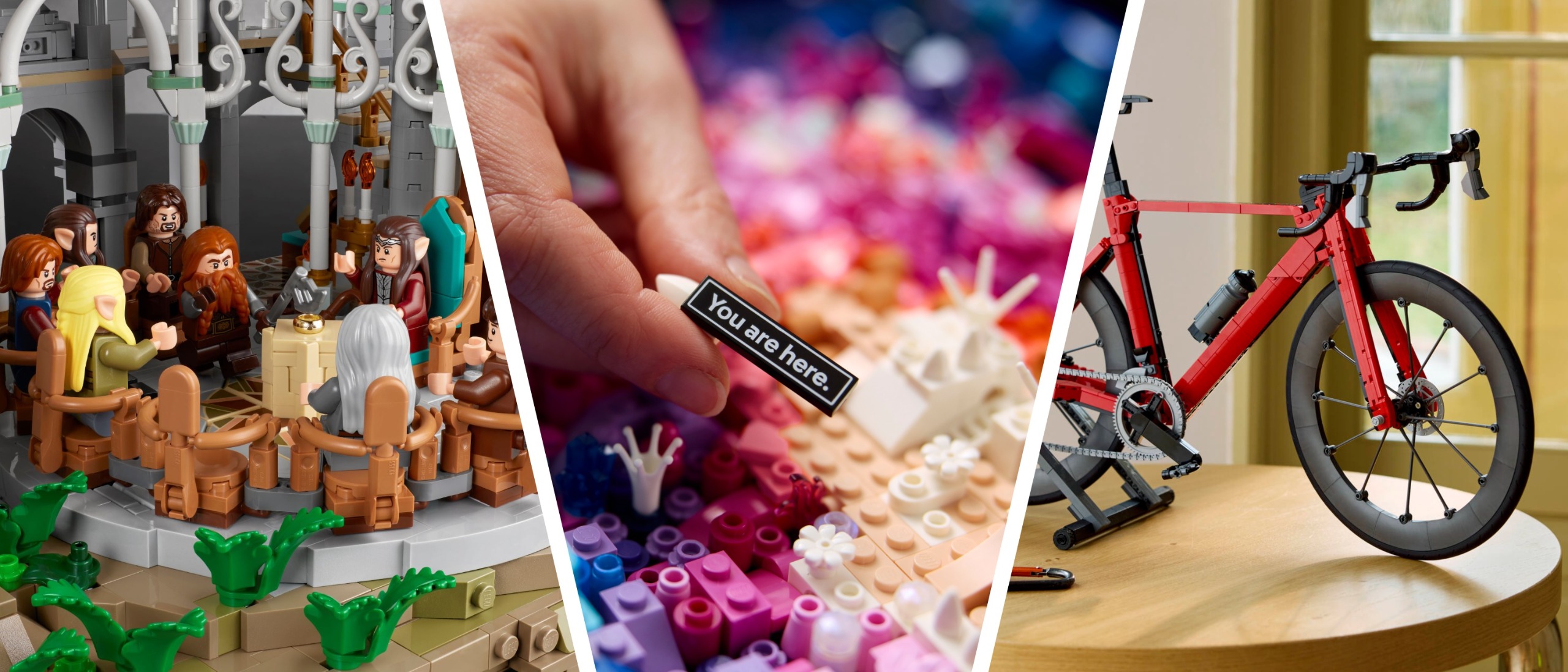 Close ups of the Lego Road Bike, Rivendell and Milky Way sets