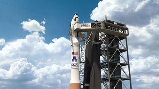 This artist's illustration depicts a Sierra Nevada Corp. Dream Chaser space plane poised for launch atop a United Launch Alliance Atlas 5 rocket from Launch Complex-41 at Florida's Cape Canaveral Air Force Station. The first test flight is slated for November 2016.