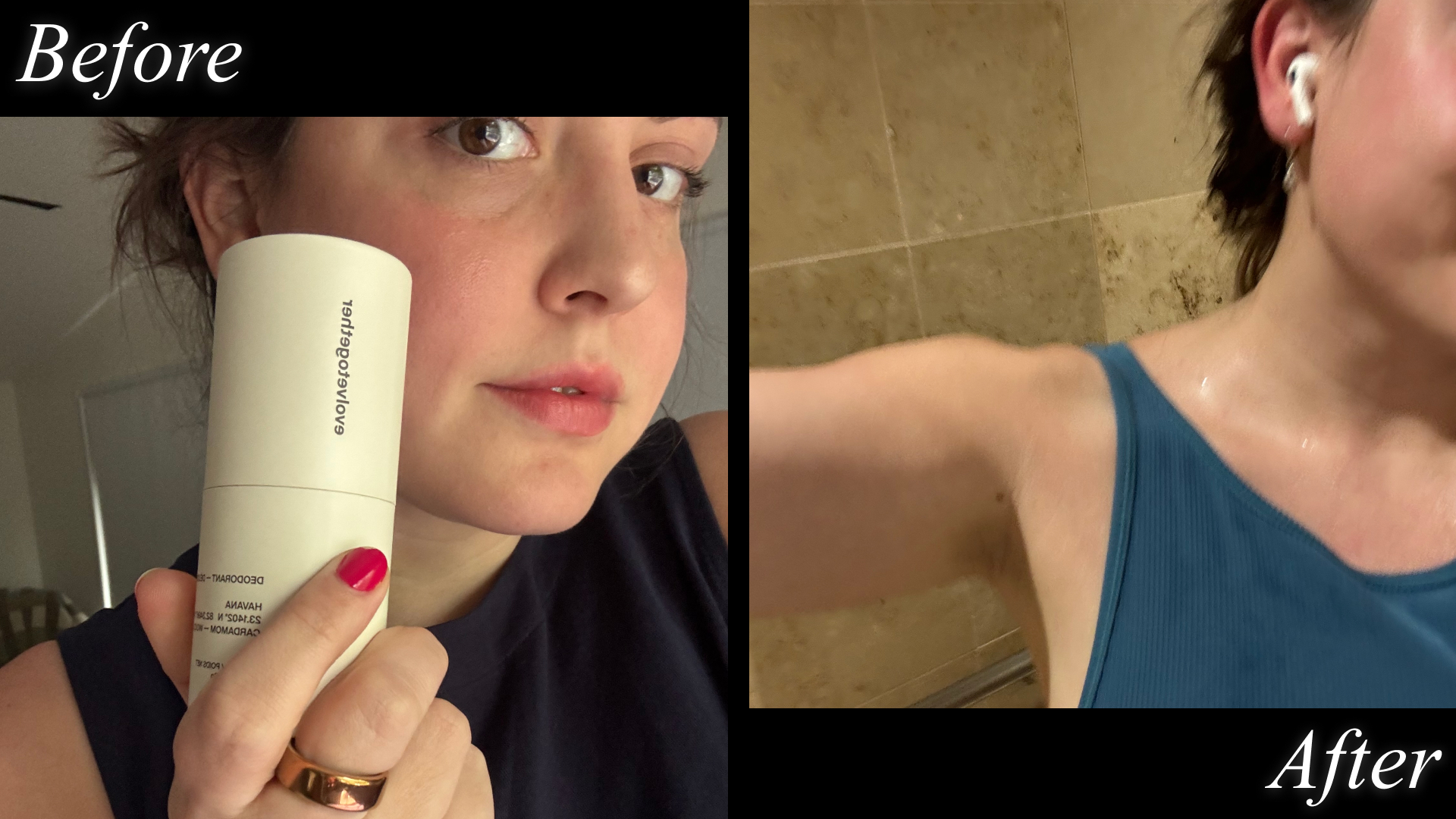 Freelance writer Sophia Vilensky before and after testing evolvetogether's deodorant.