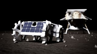 astrobotic rover backdropped by moon lander