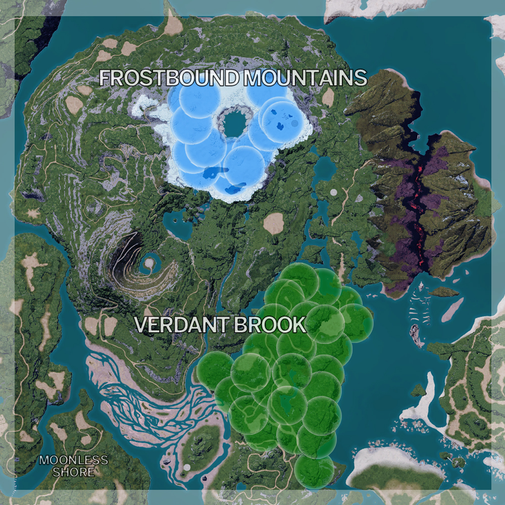 Palworld 1.0 map highlighting where to catch new pals in the Verdant Brook and Frostbound Mountains