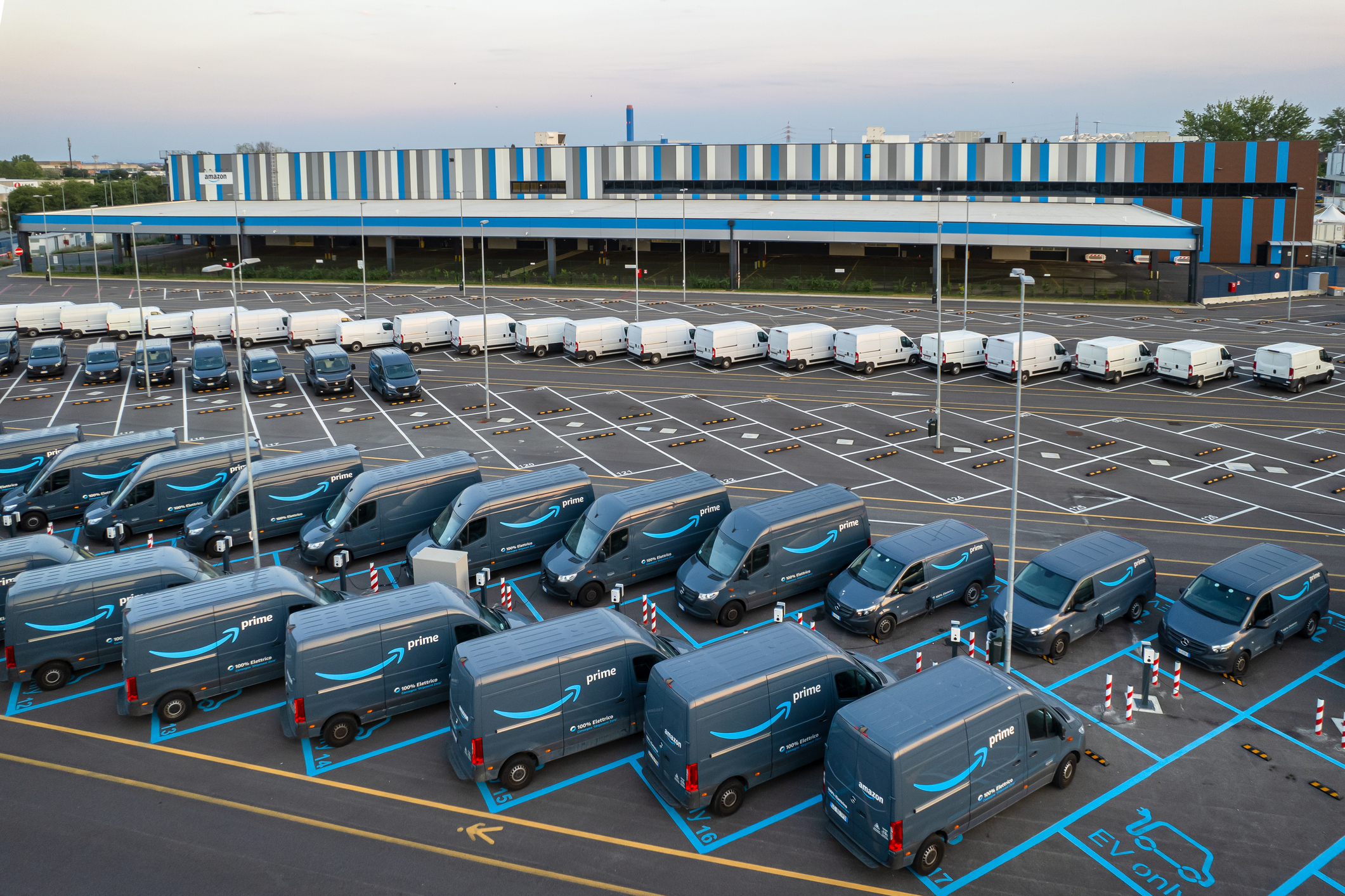 Top view of Amazon Prime electric delivery vans 