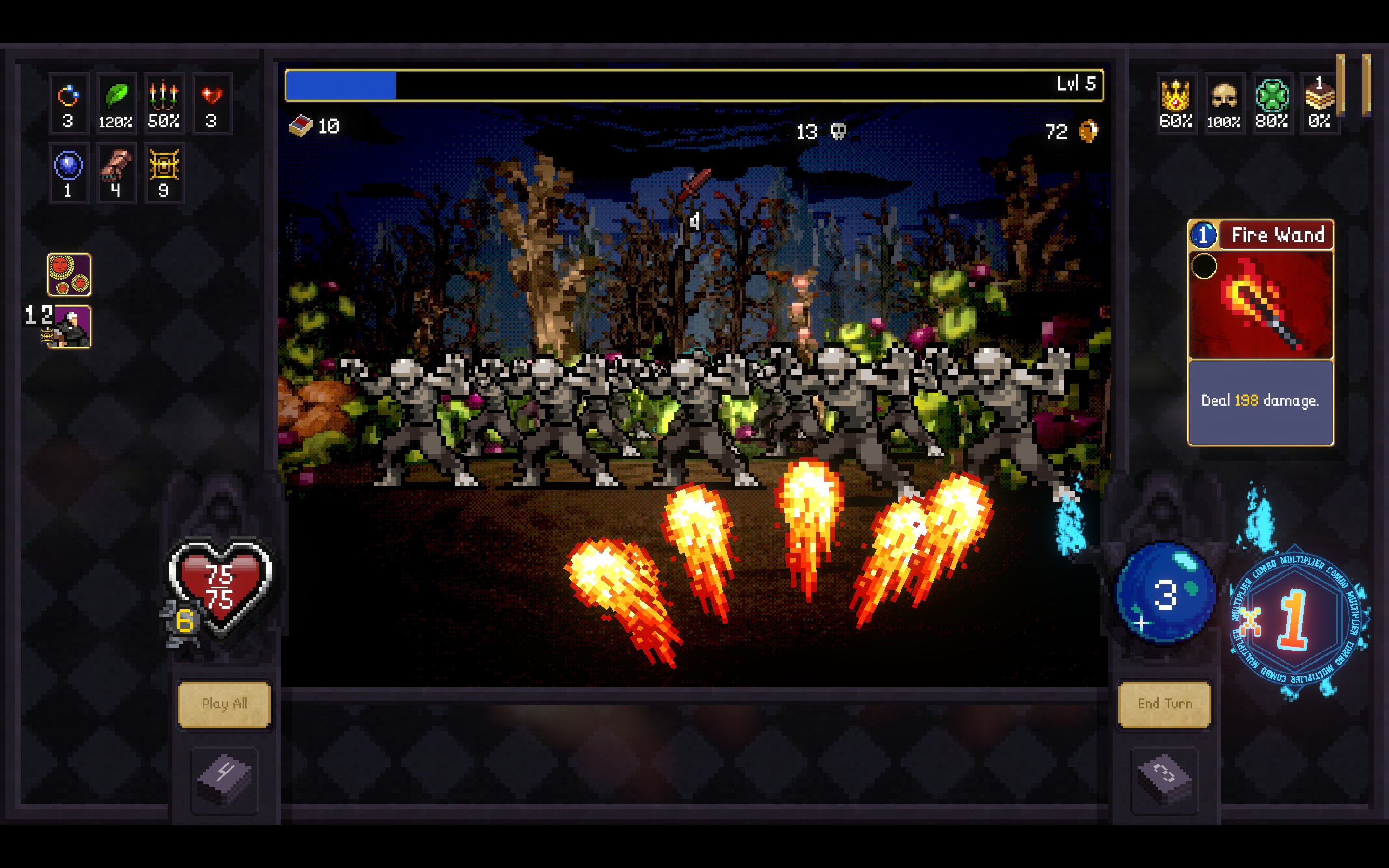 Shooting fireballs at a horde of undead in Vampire Crawlers.