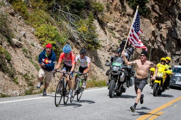 The two leaders, Tom Danielson and Francisco Colorado, almost to the top of the last KOM.