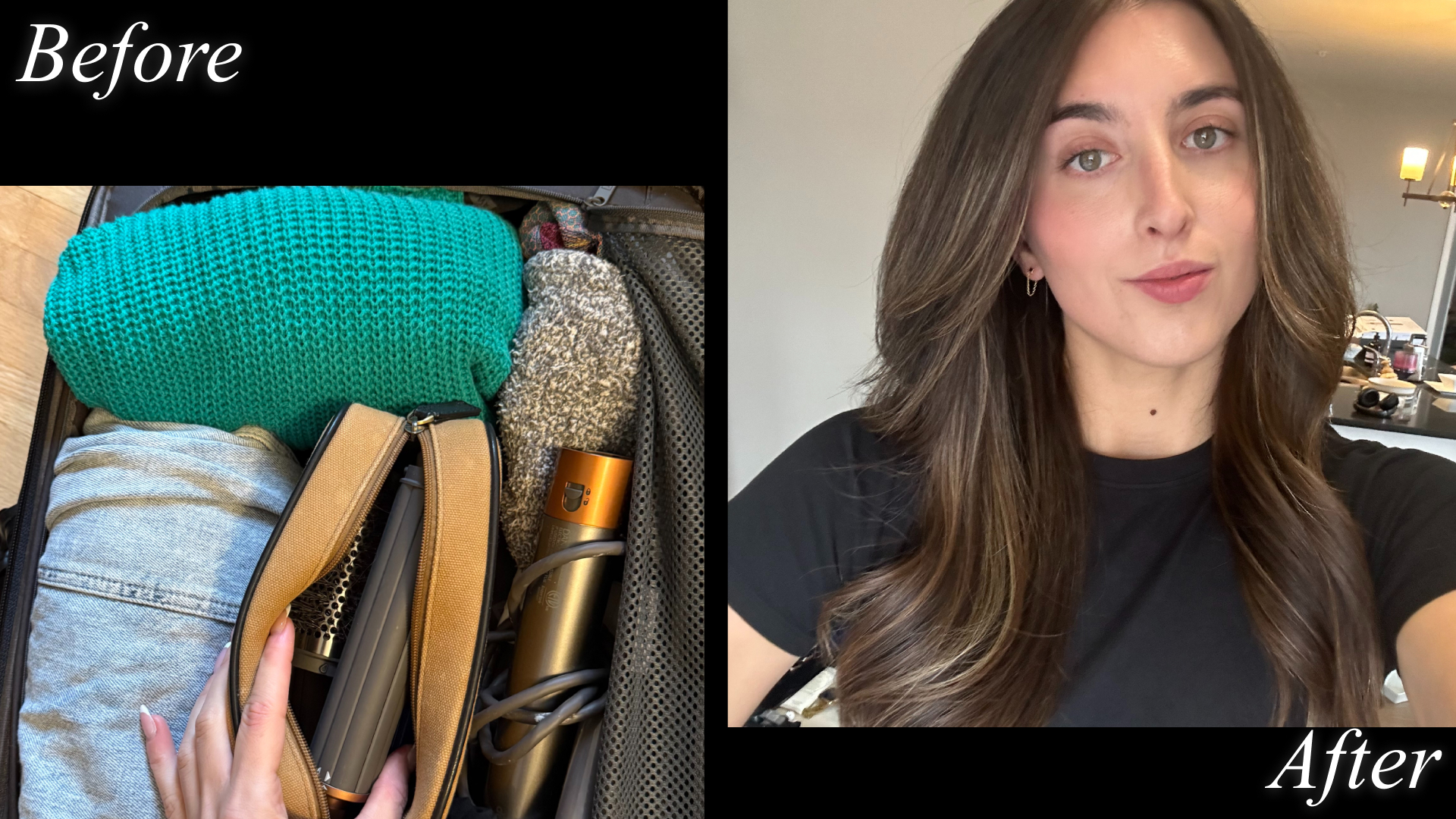 Marisa packs the full-size Dyson Airwrap™ Origin Multi-Styler compactly in her suitcase for smooth, voluminous hair with soft curls after styling.