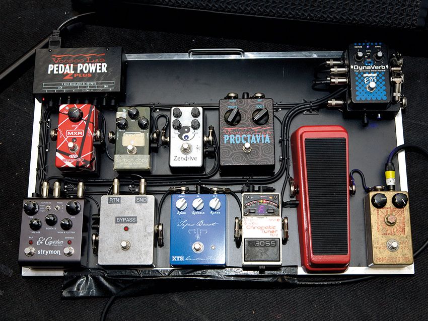 When we caught up with Nalle in London recently, he was using his favourite VOS Les Paul into this rather dribblesome pedalboard, and on to a pair of Fender Tweed Deluxe 1 x 12 combos.