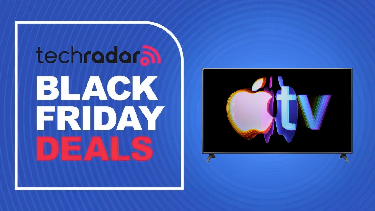A Black Friday deals sign next to a TV with the Apple TV logo on it