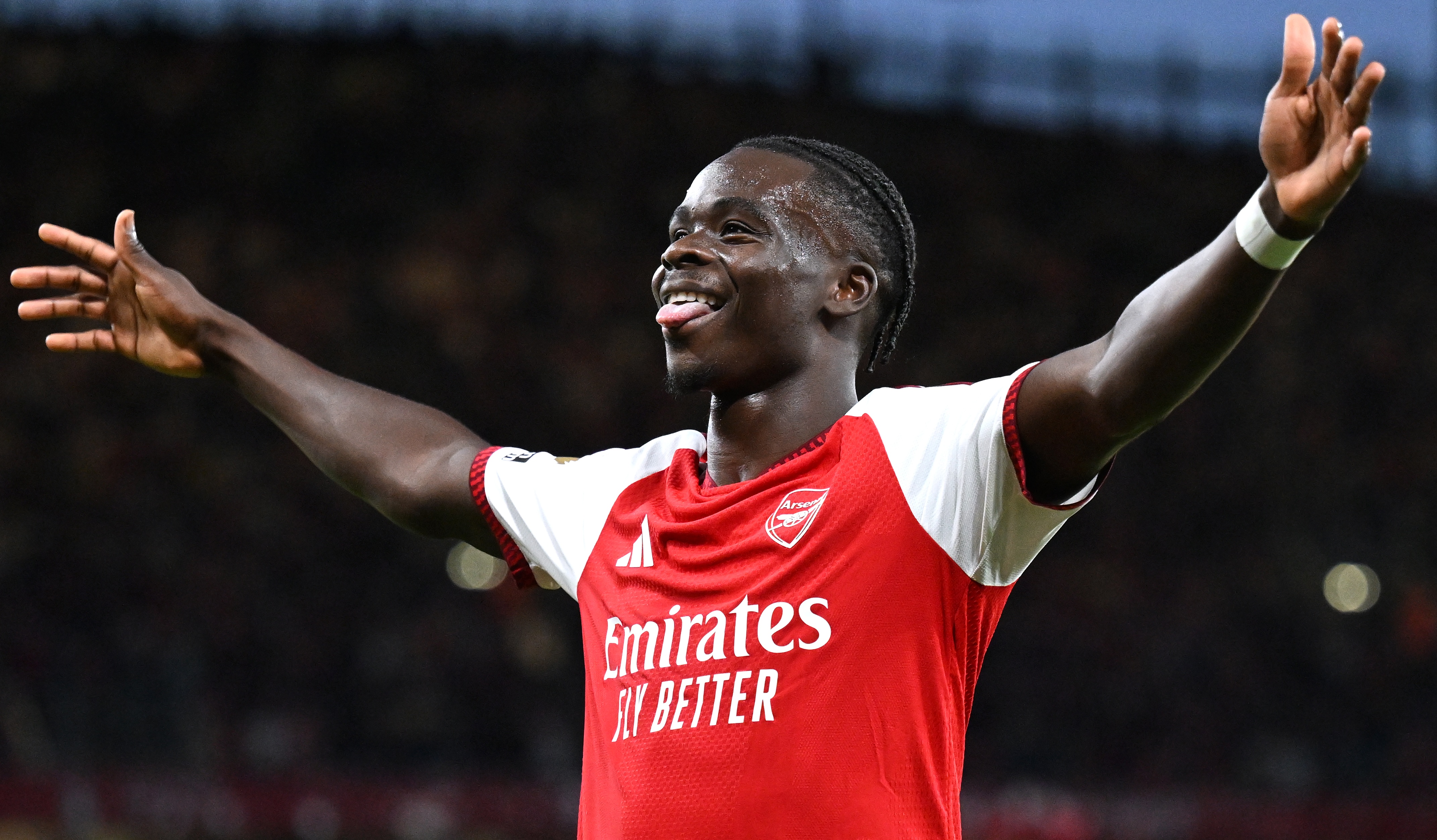 Bukayo Saka of Arsenal celebrates scoring his team&rsquo;s second goal during the Premier League 2026/27 match between Arsenal FC and Coventry City at Emirates Stadium on August 21, 2026 in London, England