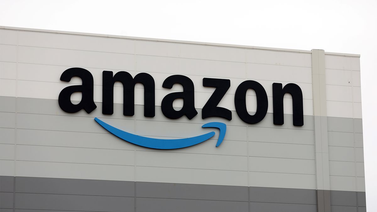 Amazon logo displayed outside the company&#039;s Robotic Fulfillment Centre on December 19, 2023 in Sutton Coldfield, England.