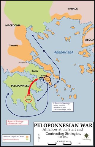 This map shows the strategies of Sparta and its allies during the Peloponnesian War.