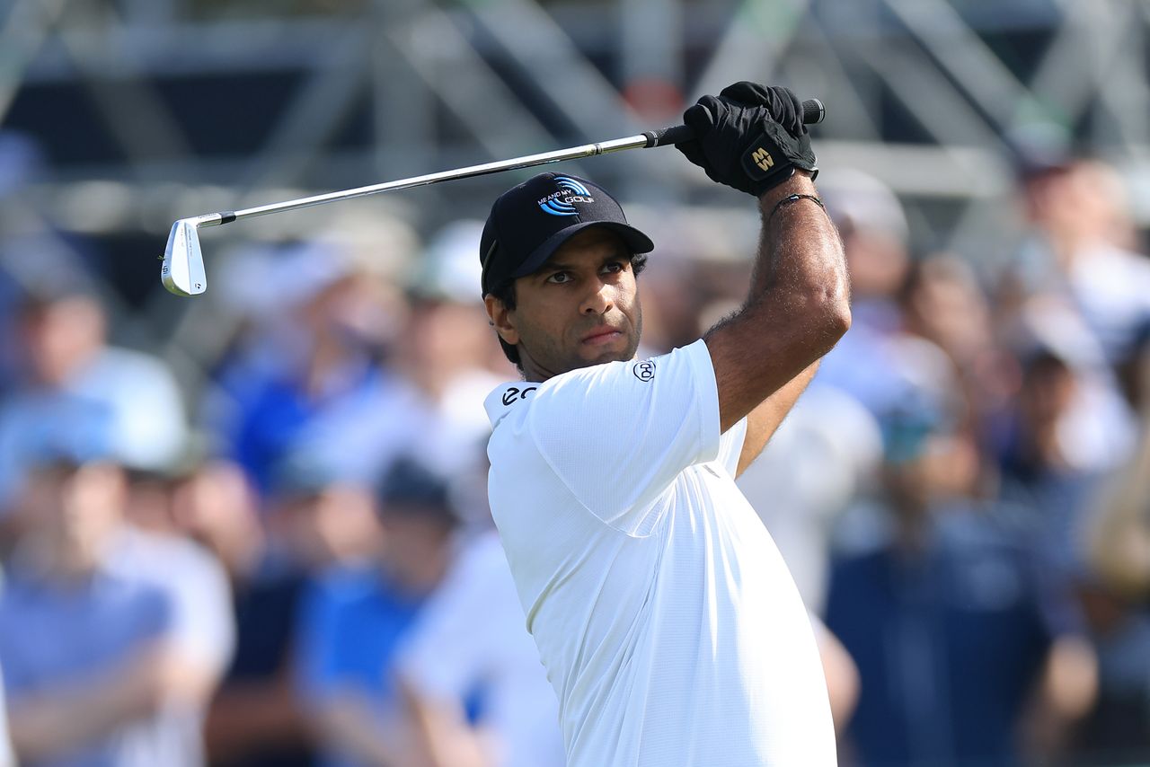 Aaron Rai tees off on the 17th hole during the third round of the PGA Championship at Aronimink Golf Club