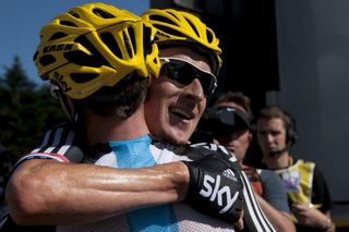 Bradley Wiggins hugs teammate Chris Froome after their successful stage 7 in the Tour de France
