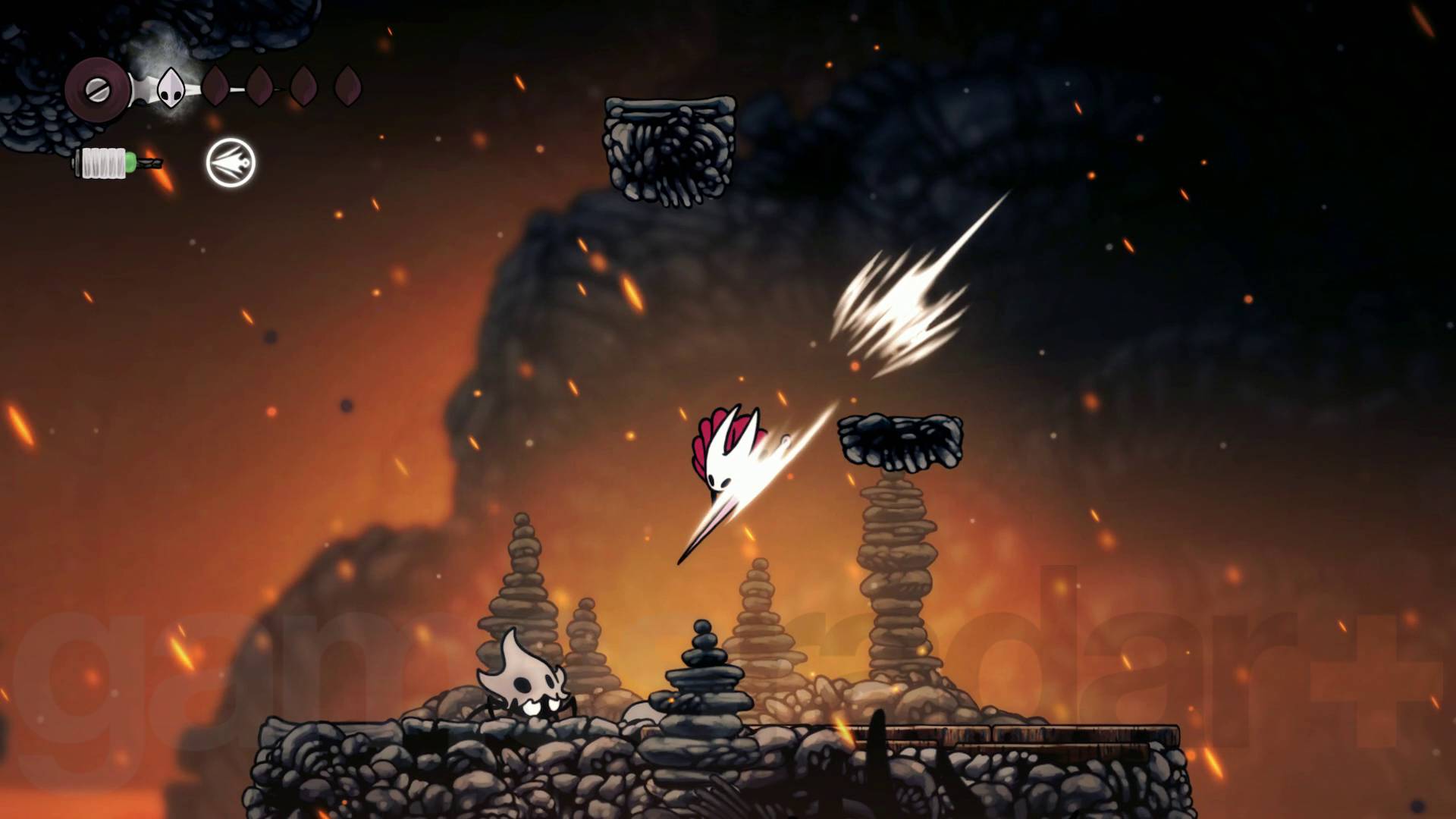 Hollow Knight Silksong pogo jump air dive attack at enemy