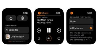 Overcastin Apple Watch -sovelluksen kolme eri toistonäkymää vierekkäin