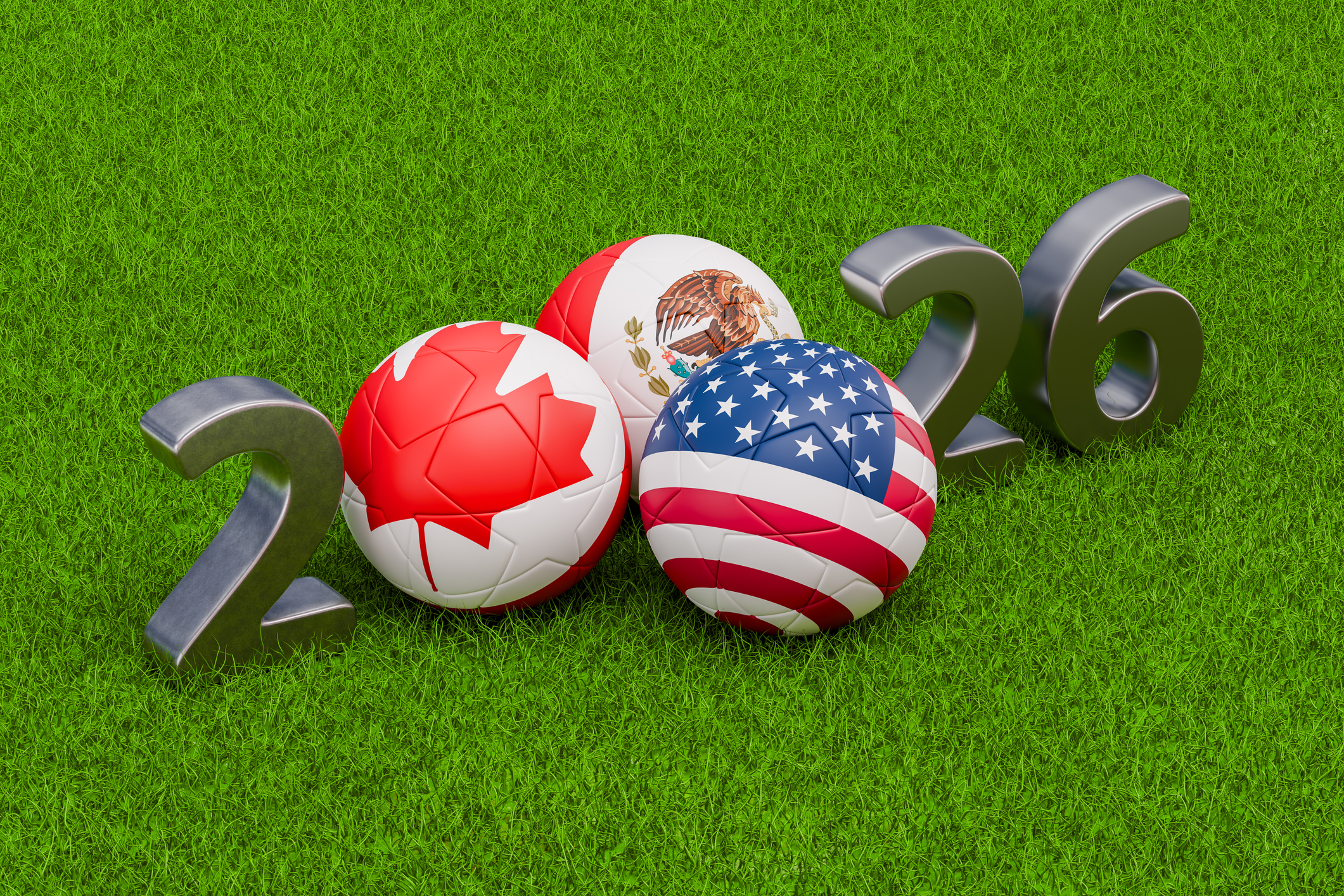 World Cup 2026: three balls lined up with the colours of USA, Mexico and Canada