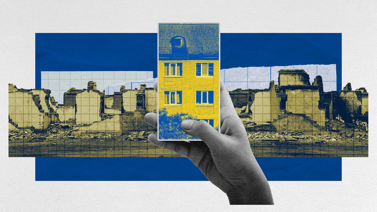 Photo collage of a hand holding a smartphone over a photo of destroyed buildings and rubble. On the screen, there is a nice apartment block. The images are tinted blue and yellow.