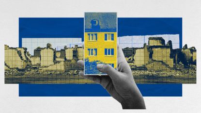 Photo collage of a hand holding a smartphone over a photo of destroyed buildings and rubble. On the screen, there is a nice apartment block. The images are tinted blue and yellow.
