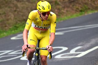 LELIORAN FRANCE JULY 10 Tadej Pogacar of Slovenia and UAE Team Emirates Yellow Leader Jersey competes in the breakaway during the 111th Tour de France 2024 Stage 11 a 211km stage from EvauxlesBains to Le Lioran 1239m UCIWT on July 10 2024 in Le Lioran France Photo by Tim de WaeleGetty Images