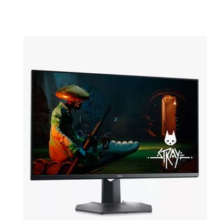 Dell 32 4K UHD Gaming Monitor G3223Q in black with a cat and a robot from the video game Stray on the screen against a white background.