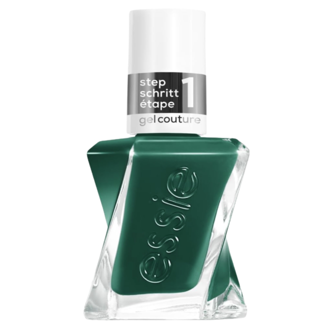 A product shot of the essie Gel Couture Gel-Like Nail Polish in the shade In-Vest in Style (a fir-tree green), on a white background